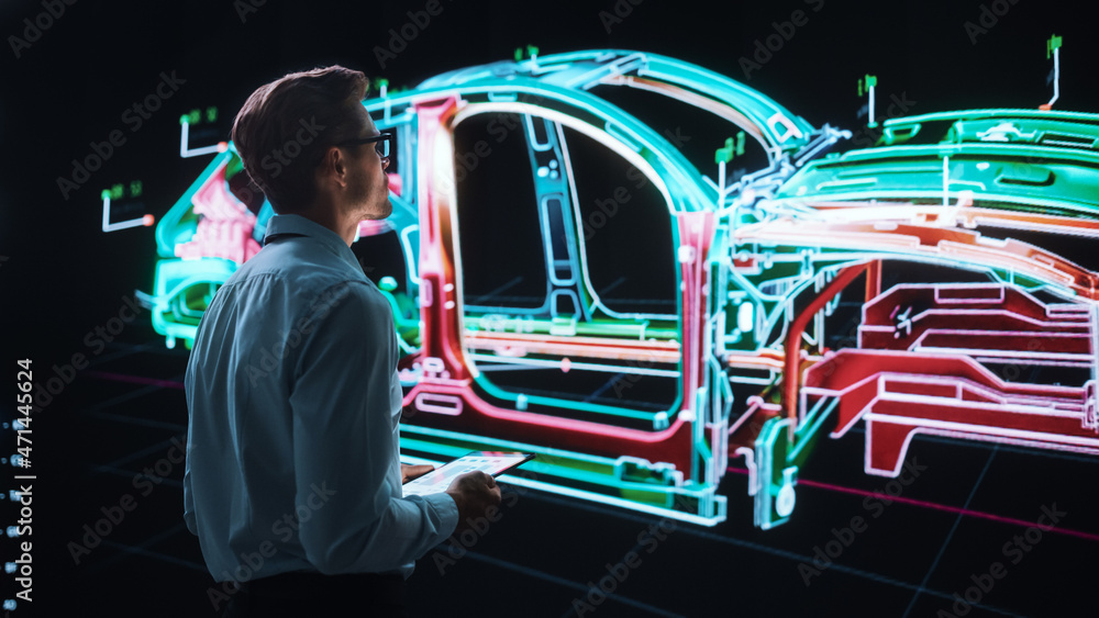 Poster innovative green energy startup: engineer designing electric car using tablet computer and big wall 