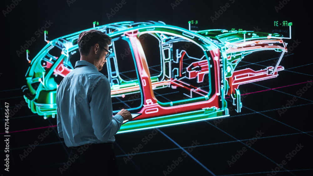 Poster innovative green energy startup: engineer designing electric car using tablet computer and big wall 