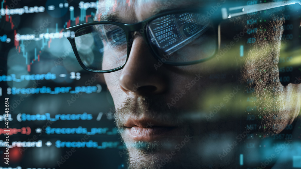 Poster Close-up Portrait of Software Engineer Working on Computer, Line of Code Run Aroung Him. Developer Working on Innovative e-Commerce Application using Big Data Concept