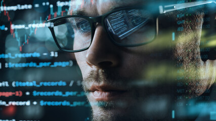Close-up Portrait of Software Engineer Working on Computer, Line of Code Run Aroung Him. Developer Working on Innovative e-Commerce Application using Big Data Concept