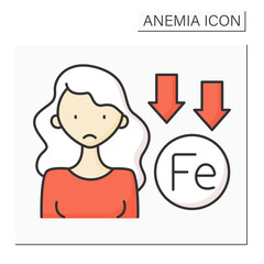 Anemia color icon. Lack of iron in woman immune system. Low life energy.Disease symptom. Health protection concept. Isolated vector illustration