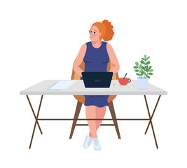 Happy manager at desk semi flat color vector character. Posing figure. Full body person on white. Corporate work isolated modern cartoon style illustration for graphic design and animation