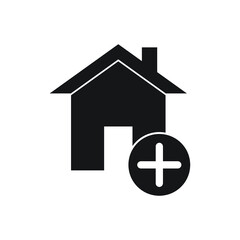 House icon, buildings icon with add sign. House icon and new, plus, positive symbol.