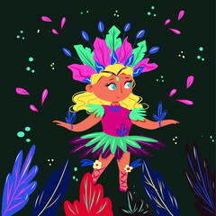 Vector cartoon illustration of a young girl dancer girl in bright costume of feathers on the Brazilian carnival. Cartoon girl danser