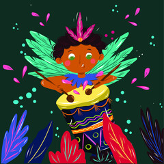 Vector cartoon illustration of a young boy dancer and play on dram, bright costume of feathers on the Brazilian carnival. Cartoon boy danser
