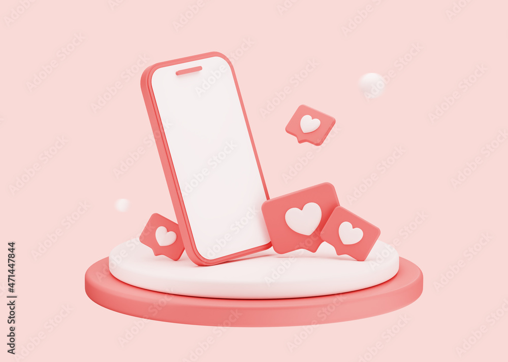 Poster like heart icon and mobile phone on the podium. social media notification. 3d rendering. social netw
