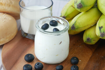 close up of fresh yogurt with blue berry in a bowl 