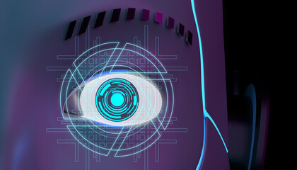 Illustration of a cyborg robot eye in neon lighting. 3D Render