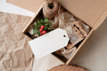 Christmas Zero waste tag mockup, eco friendly packaging. Ecological Christmas holiday concept, eco decor.