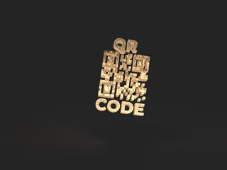 3d render of volumetric qr code and an inscription made of gold on a black background. Cybersecurity and digital limitation