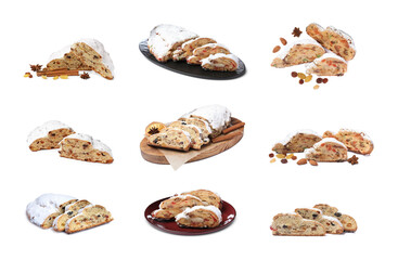 Set with traditional Christmas Stollens on white background