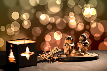 Christmas scene with figurines including Jesus, Mary and Joseph