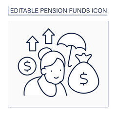 Charges line icon. Timely accumulated money. Money bag. Old woman insurance saving. Pension fund concept. Isolated vector illustration. Editable stroke