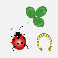 Set of lucky charms: ladybug, horseshoe and clover. Vector graphics