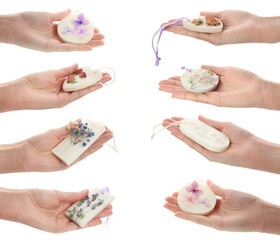 Collage with photos of women holding different scented sachet with dried flowers on white background, closeup