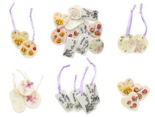 Beautiful scented sachets with dried flowers on white background, collage