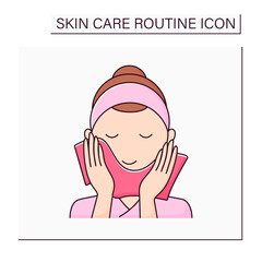 Beauty procedure color icon. Woman wipe face by special wiping cloth. Cosmetology. Skin care routine concept. Isolated vector illustration