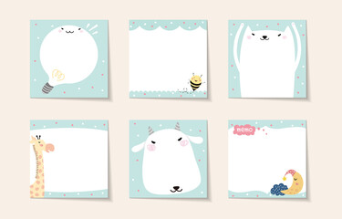 Set of memo with cute animals illustration. Template for planners, checklists, cards, notebooks, agenda, schedule and other stationery.