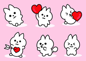 Set Cute Rabbit Chubby Kawaii with Heart emotion illustration