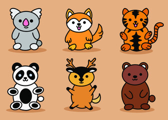 Cute Animal Set Koala, Deer, Bear, Tiger, Dog, Panda Line Art cartoon 