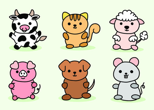 Cute Animal Set Cow, Pig, Dog, Cat, Mouse, Sheep Line Art cartoon 