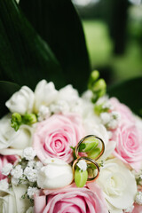 Top view two golden wedding rings on white pink rose bouquet flowers background with copy paste space blurry background