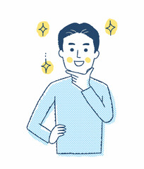 顎に手をあてている笑顔の男性