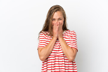 Young caucasian woman isolated on white background happy and smiling covering mouth with hands