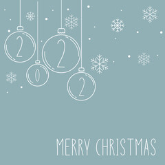 Minimalistic Christmas card with Christmas white balls, snowflakes and congratulations and numbers 2022 on a light blue background in a line style. Christmas card or invitation. Idea for print, banner