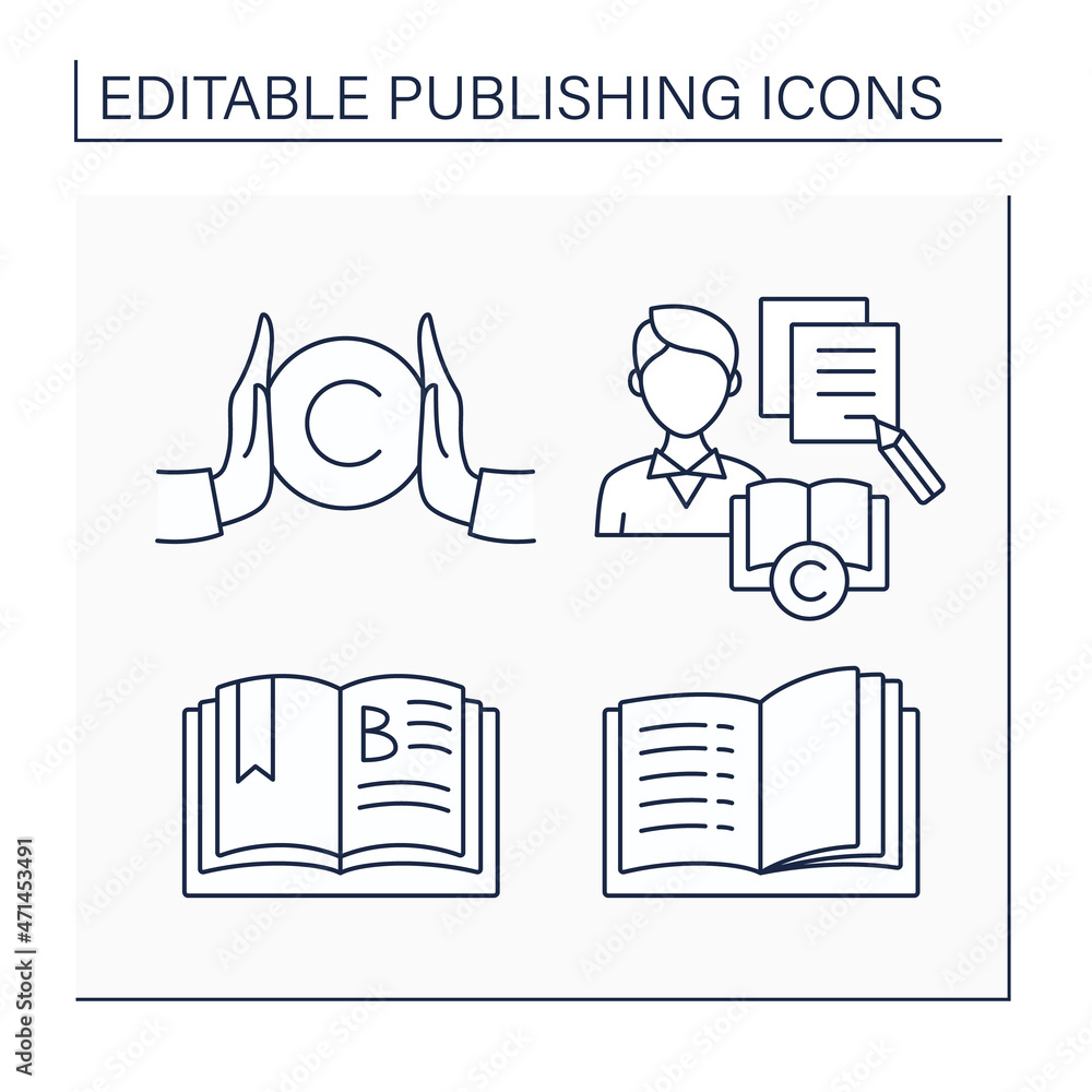 Poster publishing line icons set. copyright, author, chapter and contents.publishing concept. isolated vect