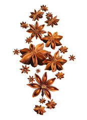 Dry aromatic anise stars falling on white background