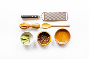 Flat lay of kinchen appliance and utensils for cooking background