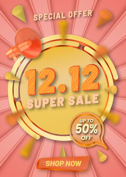 12 12 super sale poster promotion template with a realistic megaphone on cartoon pastel background 