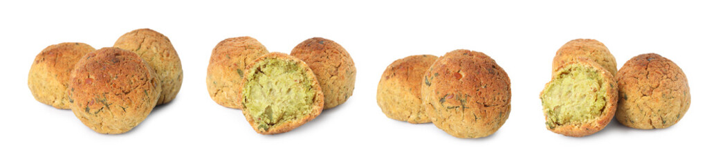 Set with delicious deep fried falafel balls on white background. Banner design
