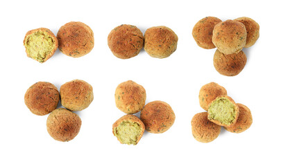 Set with delicious deep fried falafel balls on white background, top view