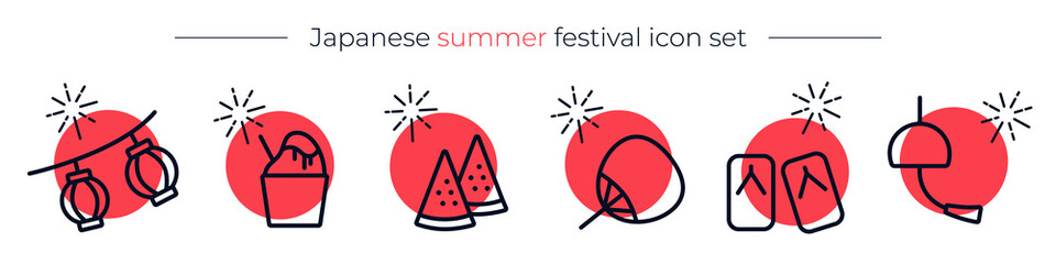 Japanese summer festival icon set. Vector flat illustration in simple style.