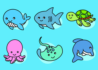 Set Cute Animal Sea Fish Ocean Cartoon Whale, Shark, Turtle, Squid, Stingray, Dolphin Collection illustration