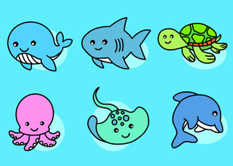Obraz premium Set Cute Animal Sea Fish Ocean Cartoon Whale, Shark, Turtle, Squid, Stingray, Dolphin Collection illustration