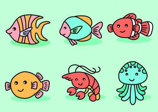 Set Cute Animal Sea Fish Ocean Cartoon Fish, Shrimp, Puffer, Octopus, Clown Fish Collection illustration