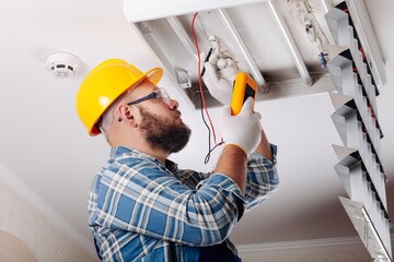 Electrical engineer using multi-meter measuring equipment to checking electric current voltage at lamp