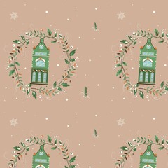 Vector winter pattern. Pattern with Christmas motives for gifts. Pattern for postcards and invintation. Christmas houses and a wreath.