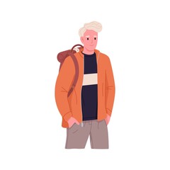Young man portrait. Modern high school student with backpack. Guy in casual clothes. Teenager standing and smiling. Flat vector illustration of person isolated on white background