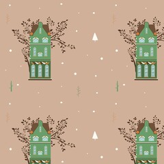 Vector winter pattern. Pattern with Christmas motives for gifts. Pattern for postcards and invintation. Christmas houses.