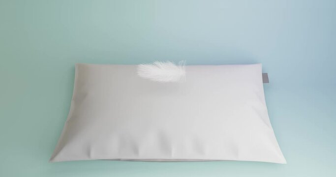 3d animation of a feather falling on a pillow. A white-gray feather, fluff easily and smoothly falls on a white pillow. Light green mint and gray background