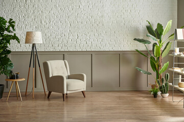 Room wall concept, brick and classic style, clock armchair lamp and green plant botanic interior...