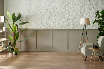 Room wall concept, brick and classic style, clock armchair lamp and green plant botanic interior...