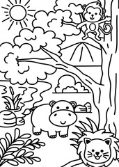 Cute Animal Coloring Black White With Rabbit, Zebra, And Giraffe Jungle with Tree and Leaf Line Style illustration