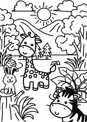 Cute Animal Coloring Black White With Hippo, Monkey and Lion in Jungle with Tree and Leaf Line Style illustration