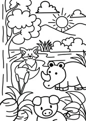 Cute Animal Coloring Black White With Fox Rhino and Pig in Jungle with Tree and Leaf Line Style illustration