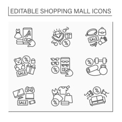 Shopping mall line icon. Trendy goods on discount. Special store with fashion clothes and accessories. Mall complex concept. Isolated vector illustration. Editable stroke